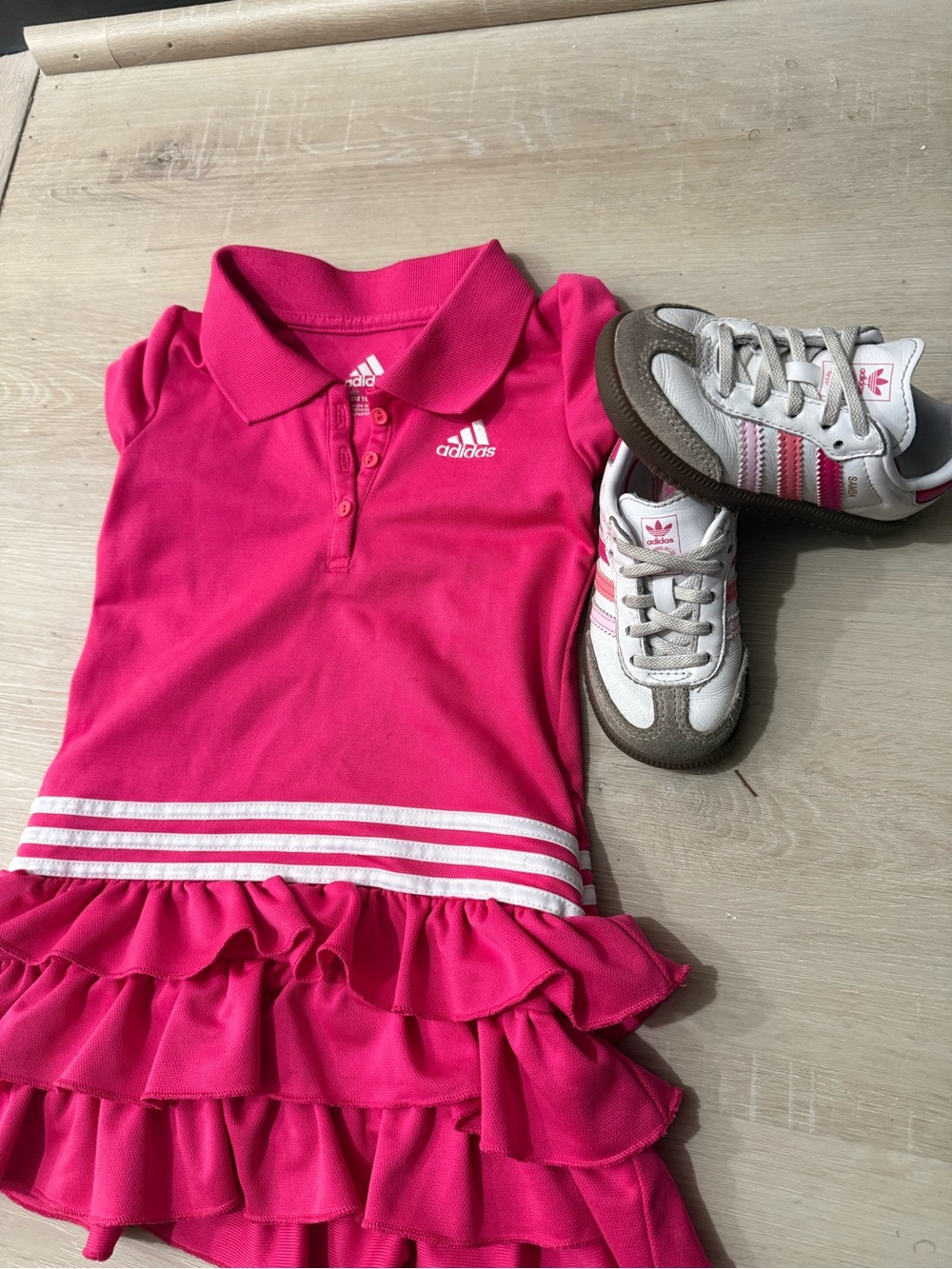 adidas Girls' Bright Pink Polo Ruffle Dress with White Stripe